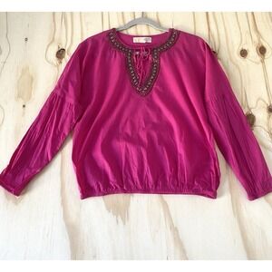 Michael Kors Fushia Top Cotton  Popover Boho Copper Metalwork Tie Neckline SP